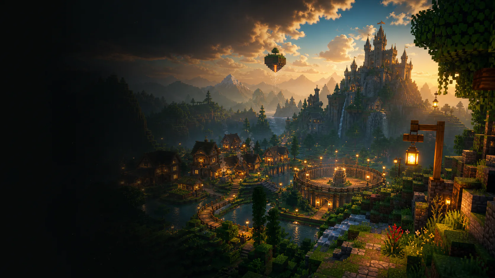 Paysage voxel de BG Lands avec village, arène, île flottante et château